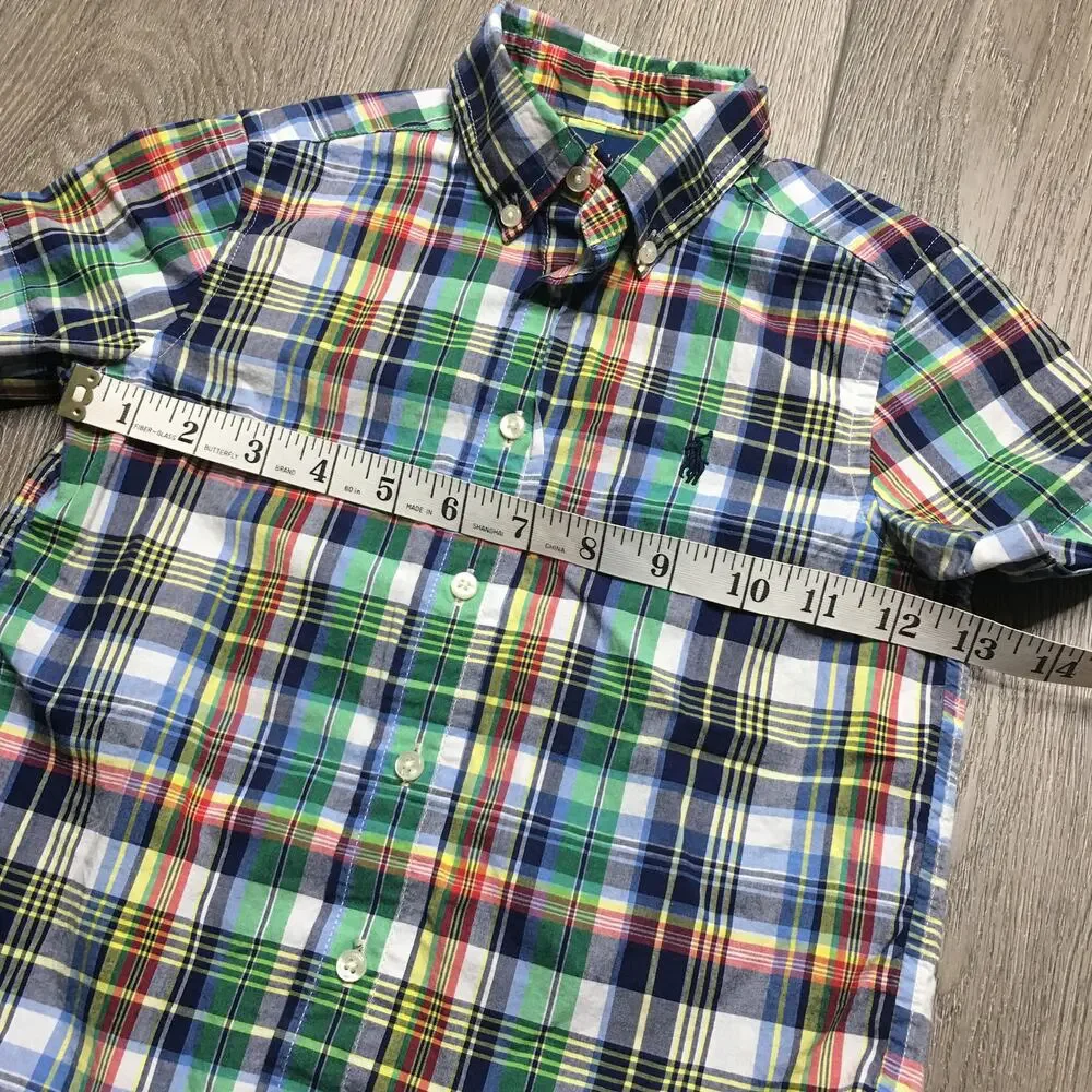 VTG Ralph Lauren Pony Shirt Boys Plaid Green Short Sleeve Embroidered Logo 4/4T